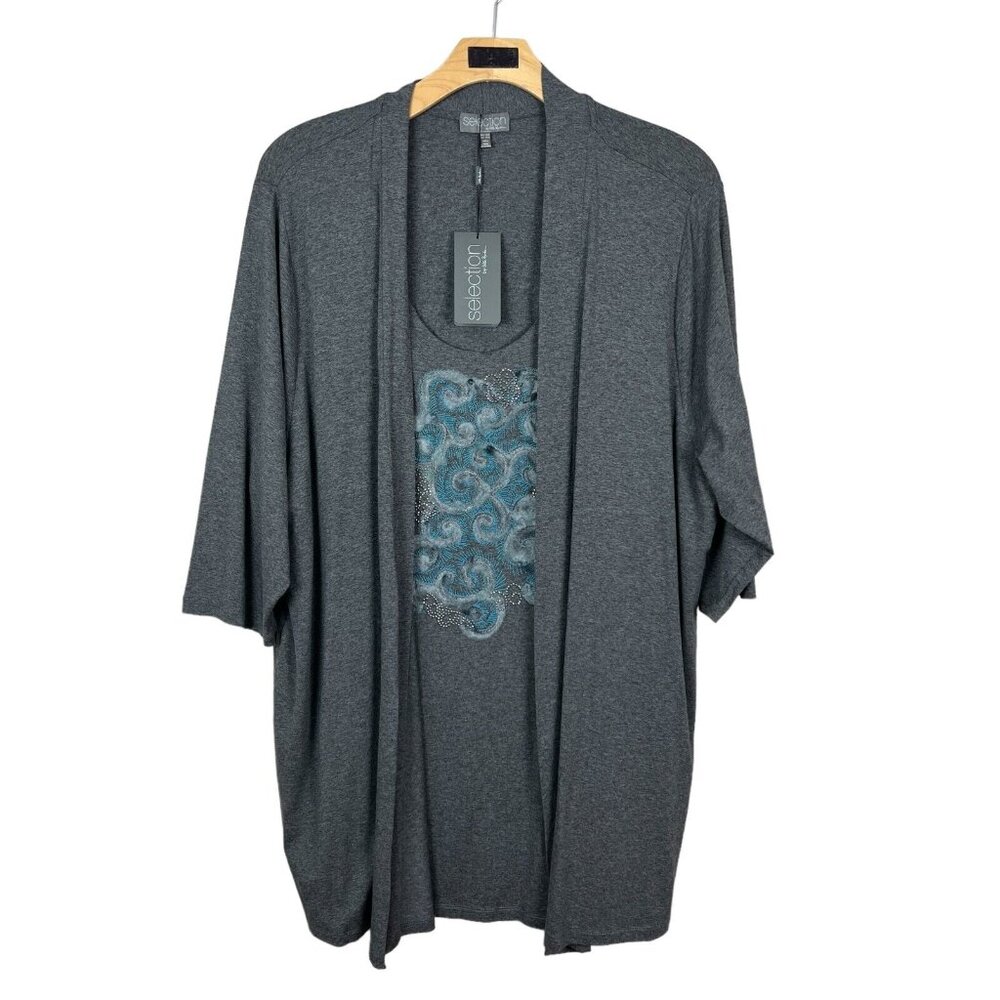 Selection by Ulla Popken Blouse Top Women 28/30 Gray Layered 3/4 Sleeve Knit New